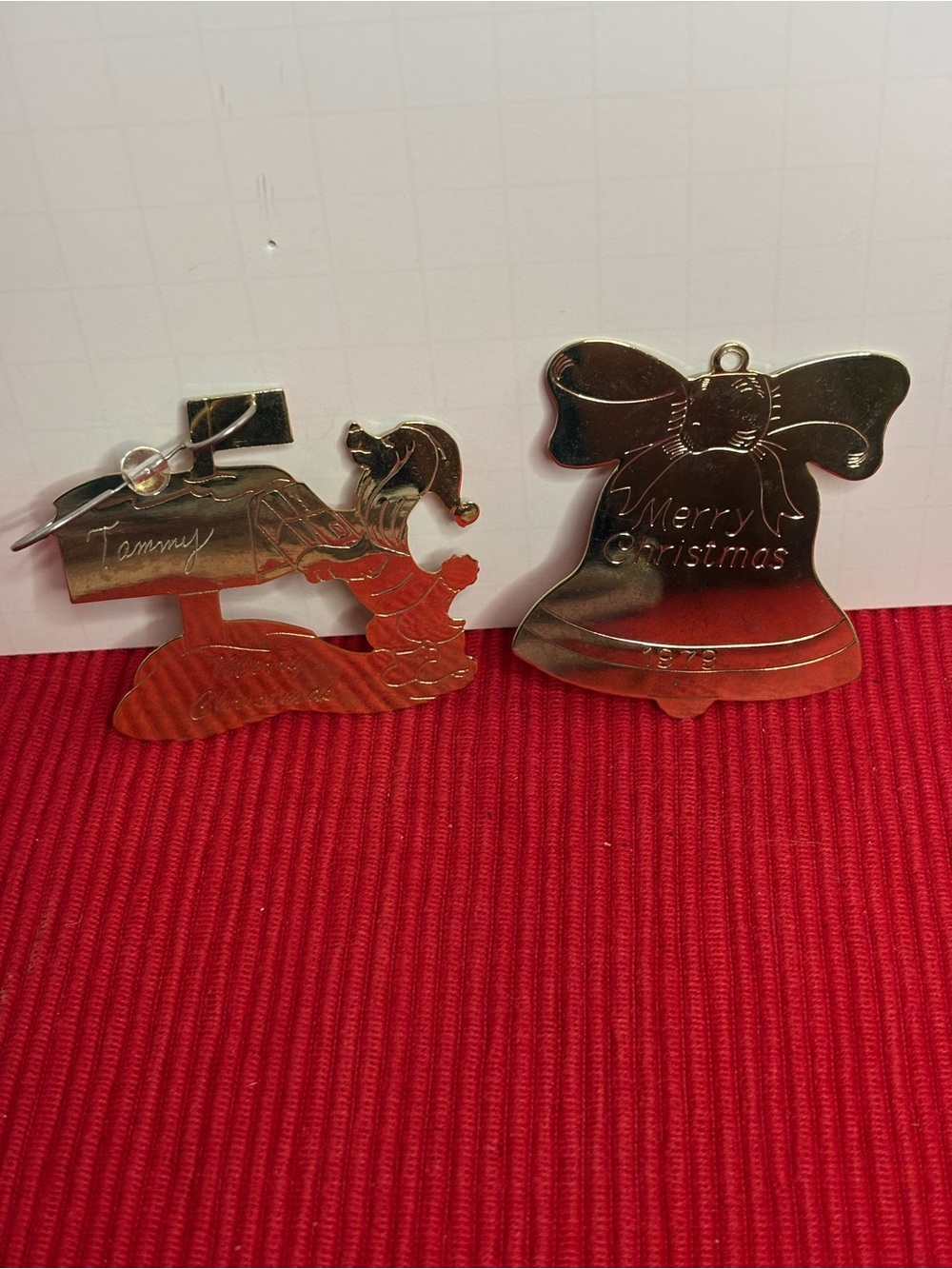 Vernon Brass 1979 Bell  and Dog at Mailbox Christmas Ornaments -